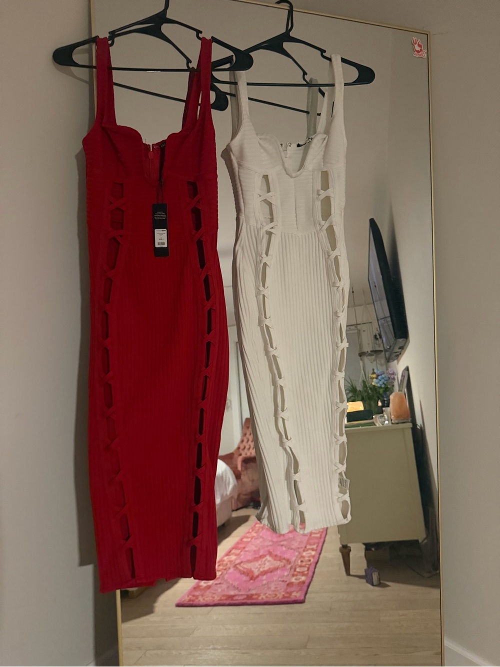 Fashion Nova Red & White Cutout Midi Bodycon Dress Duo